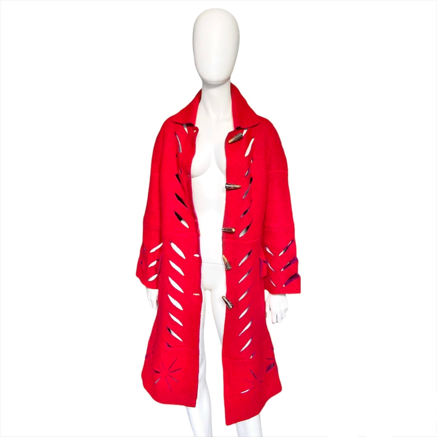 Dior fw02 Galliano runway long red cut out wool duffle coat with scarf S