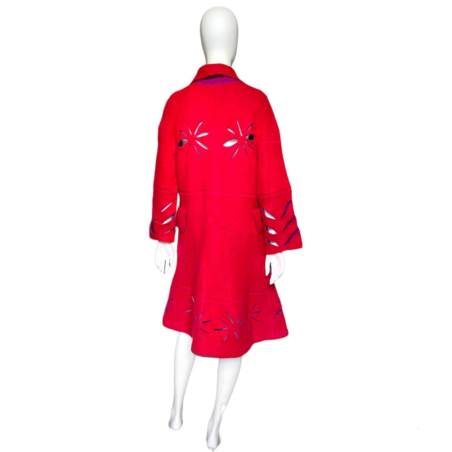 Dior fw02 Galliano runway long red cut out wool duffle coat with scarf S