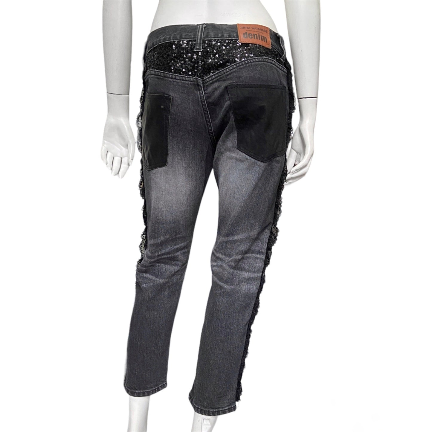 Junya watanabe black trompe l'oeil clawmark sequins lace jeans M