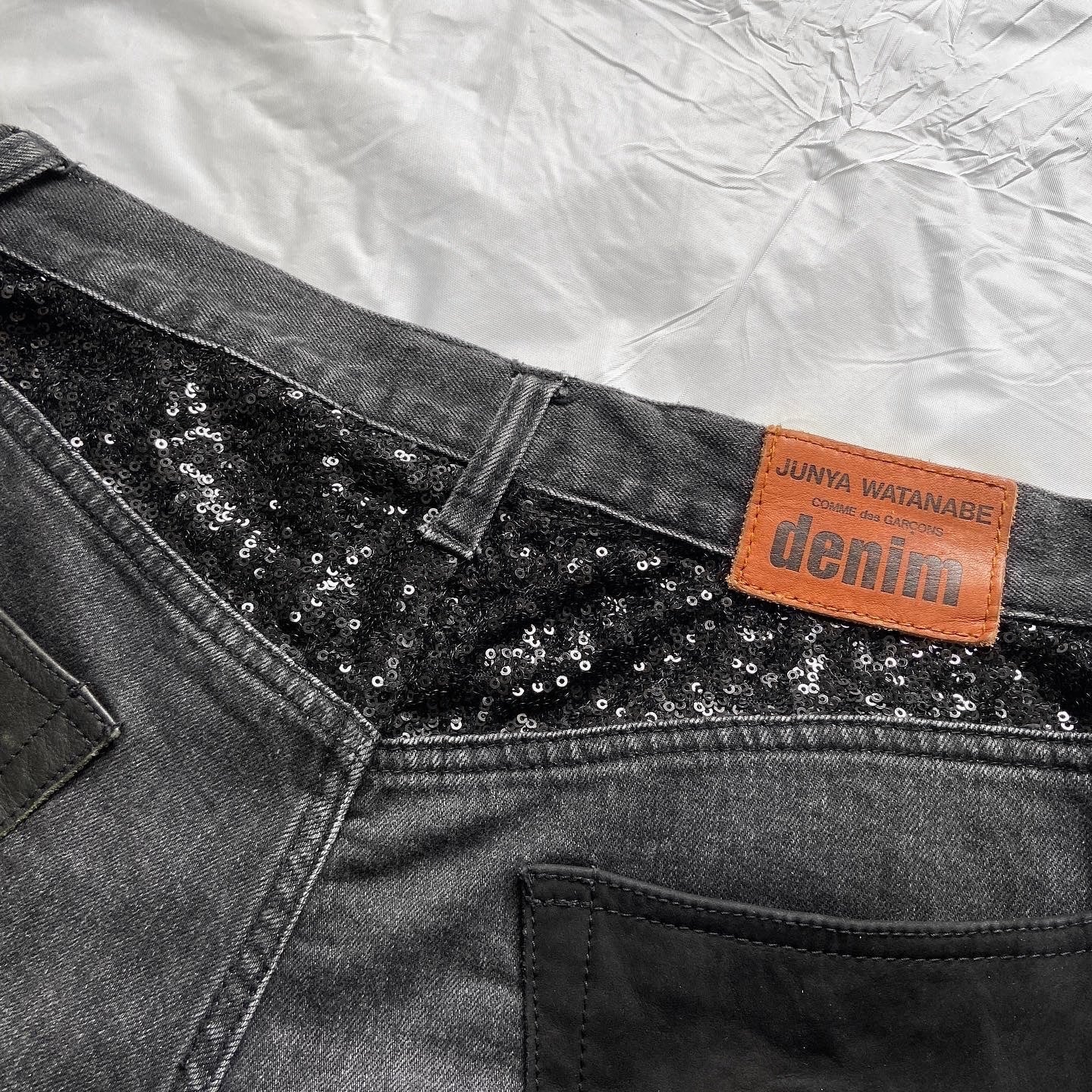 Junya watanabe black trompe l'oeil clawmark sequins lace jeans M