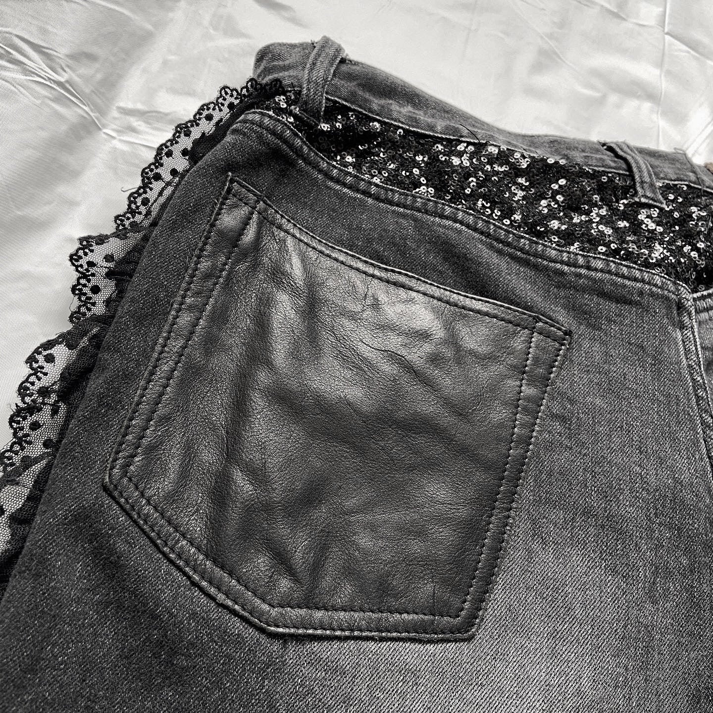 Junya watanabe black trompe l'oeil clawmark sequins lace jeans M