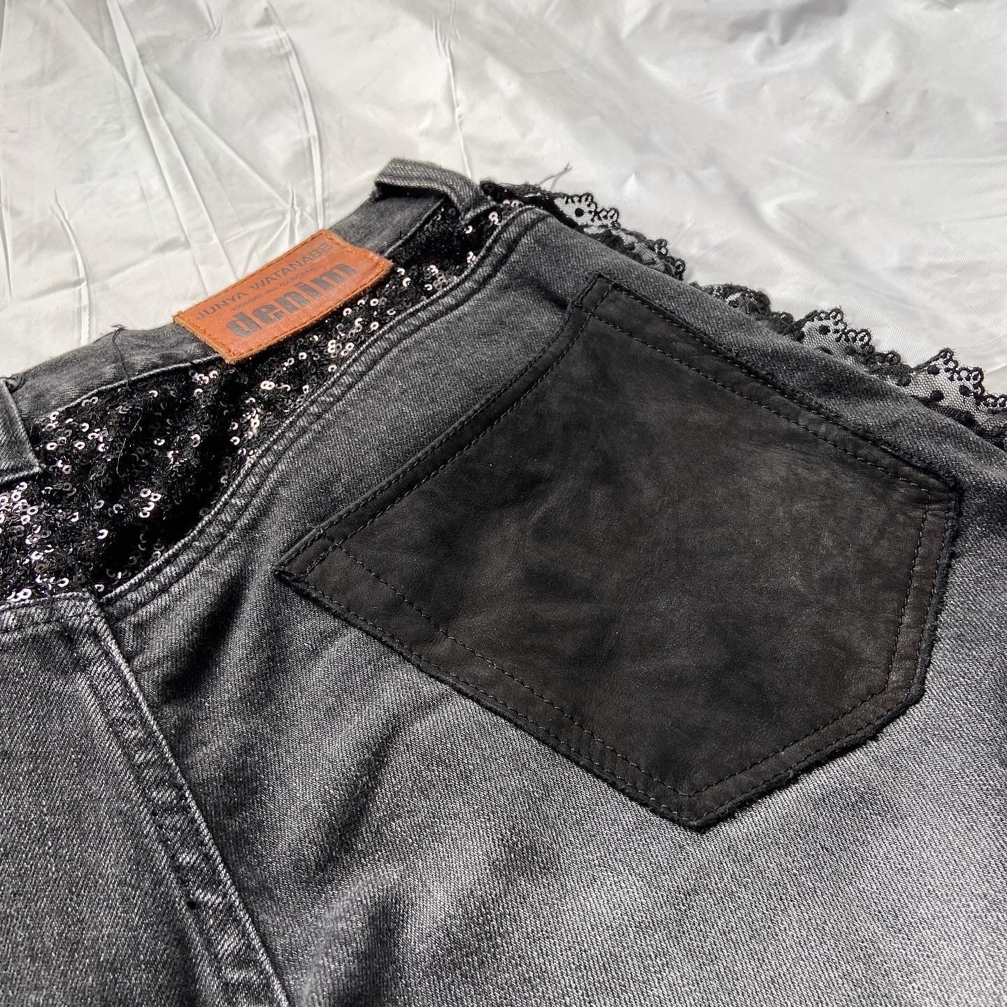 Junya watanabe black trompe l'oeil clawmark sequins lace jeans M
