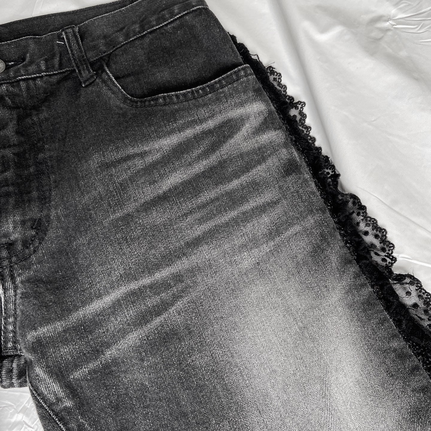 Junya watanabe black trompe l'oeil clawmark sequins lace jeans M