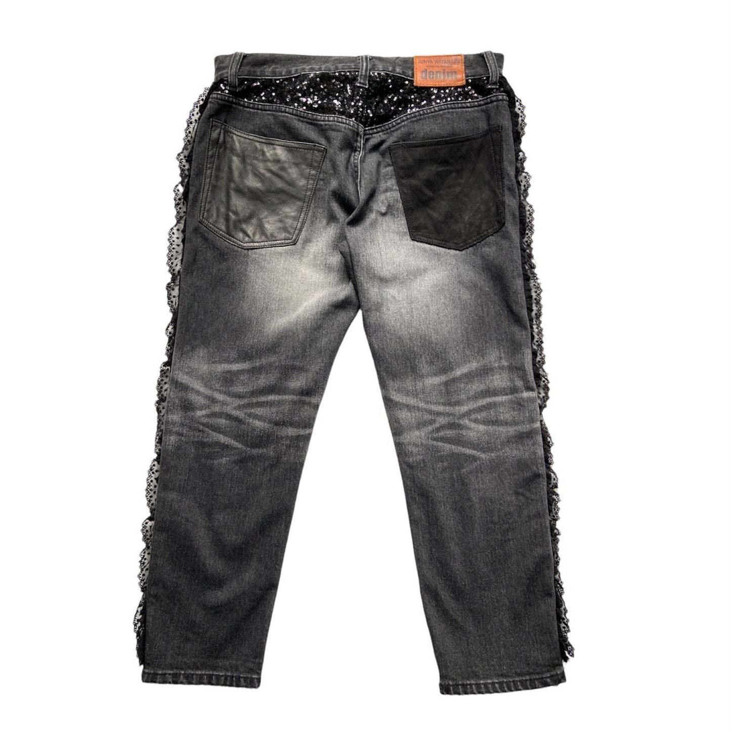 Junya watanabe black trompe l'oeil clawmark sequins lace jeans M