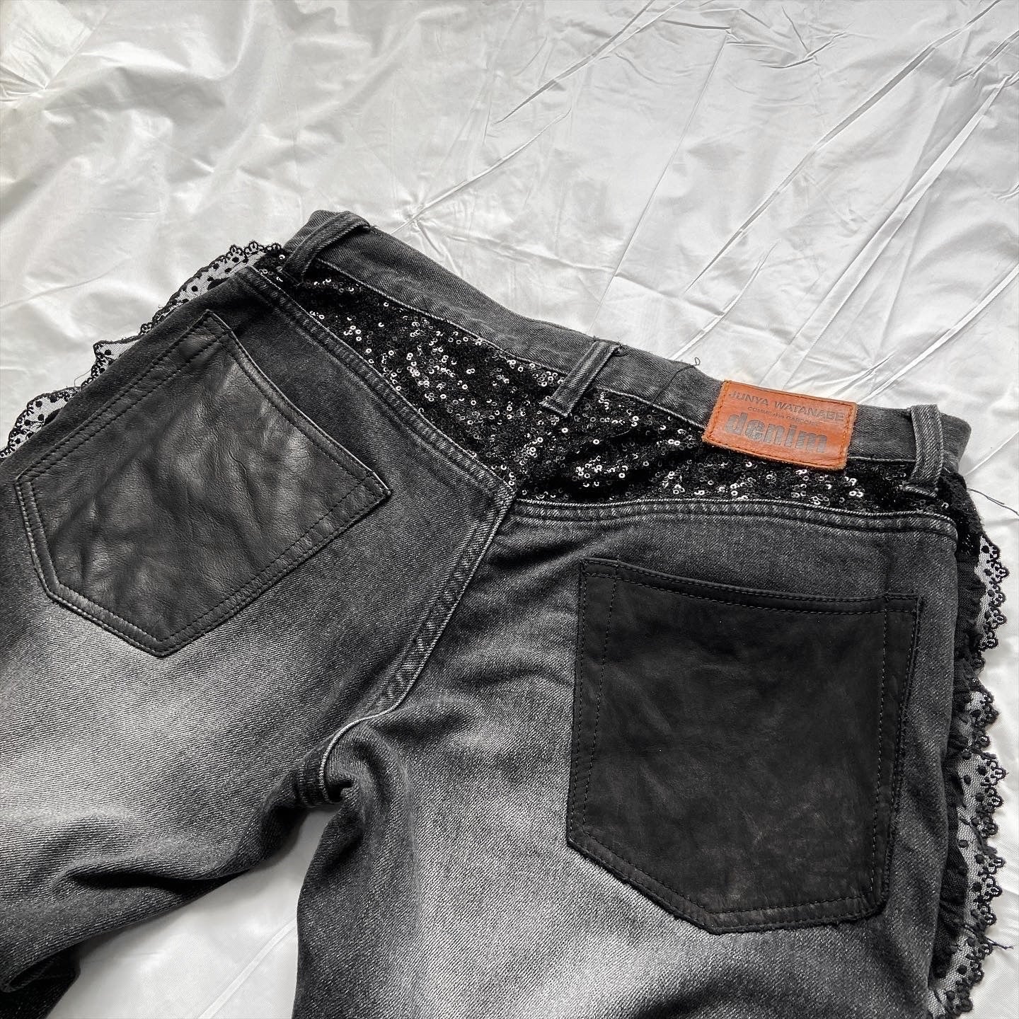 Junya watanabe black trompe l'oeil clawmark sequins lace jeans M