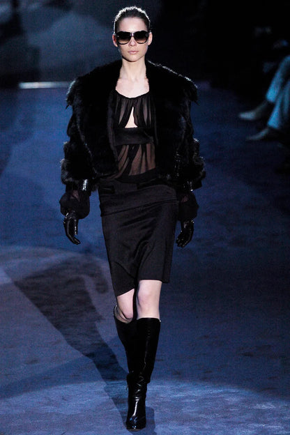 Gucci Fall 2005 Black Drop Shoulder Ruched Sheer Pure Silk Satin Top 40