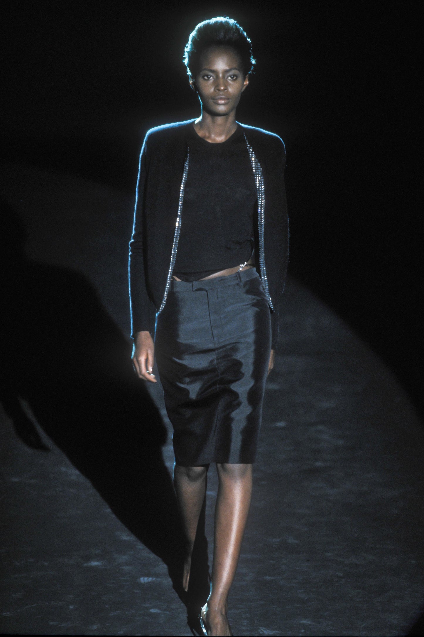 Gucci Spring 1998 Tom Ford Look #38 Swarovski G-String Leather Strap Black Pencil Skirt 42