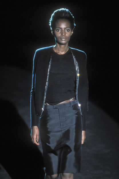 Gucci Spring 1998 Tom Ford Look #38 Swarovski G-String Leather Strap Black Pencil Skirt 42