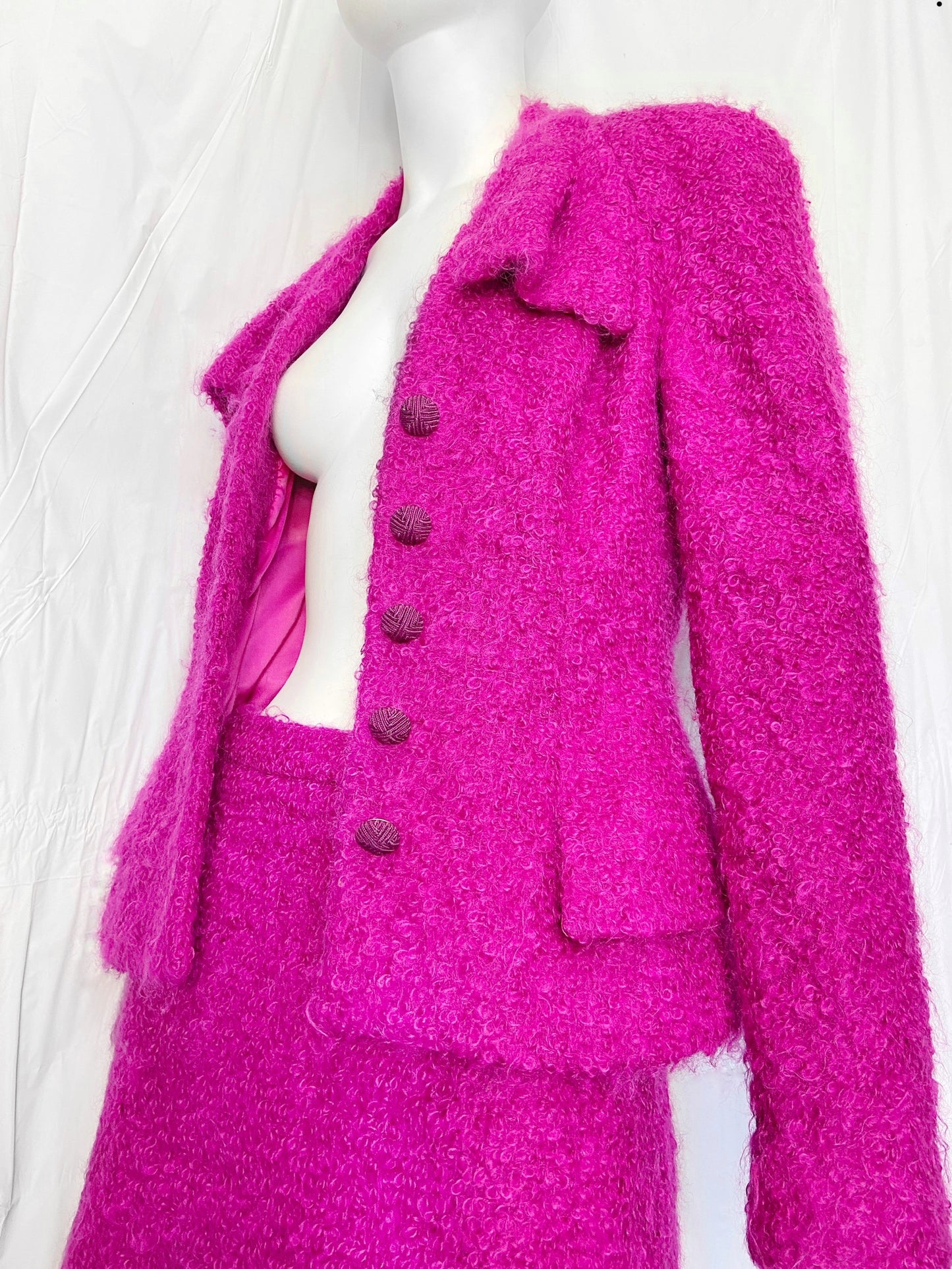 Christian Dior Fall 1997 John Galliano Fuschia Mohair Bar Jacket Skirt Suit