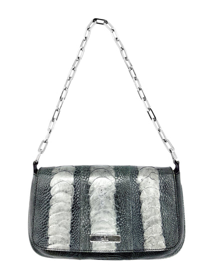 Gucci Spring 2000 Tom Ford Green & Silver Ostrich Leg Leather Chain Link Flapped Handbag