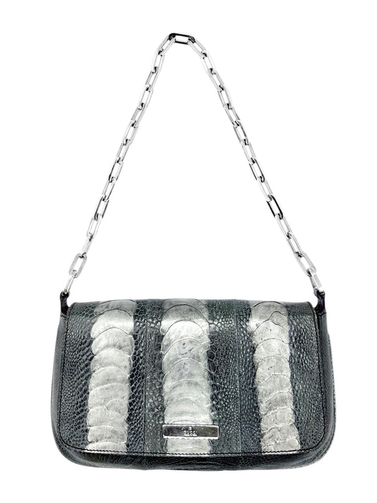 Gucci Spring 2000 Tom Ford Green & Silver Ostrich Leg Leather Chain Link Flapped Handbag