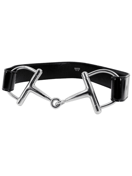 Gucci Fall 1995 Tom Ford Iconic Black Oversized Horsebit Patent Leather Belt 28