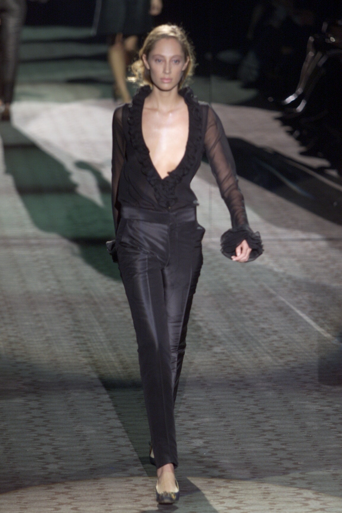 Gucci Fall 2000 Tom Ford Runway Black Ruffled Plunge Silk Blouse