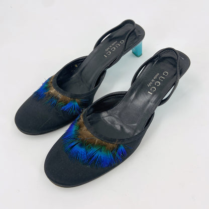 Gucci Spring 1999 Feather Embossed Satin Slingback Mules 37