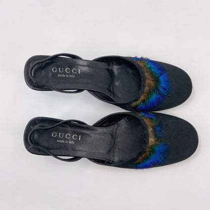 Gucci Spring 1999 Feather Embossed Satin Slingback Mules 37