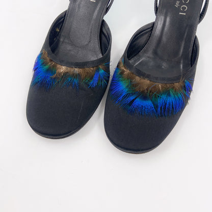 Gucci Spring 1999 Feather Embossed Satin Slingback Mules 37