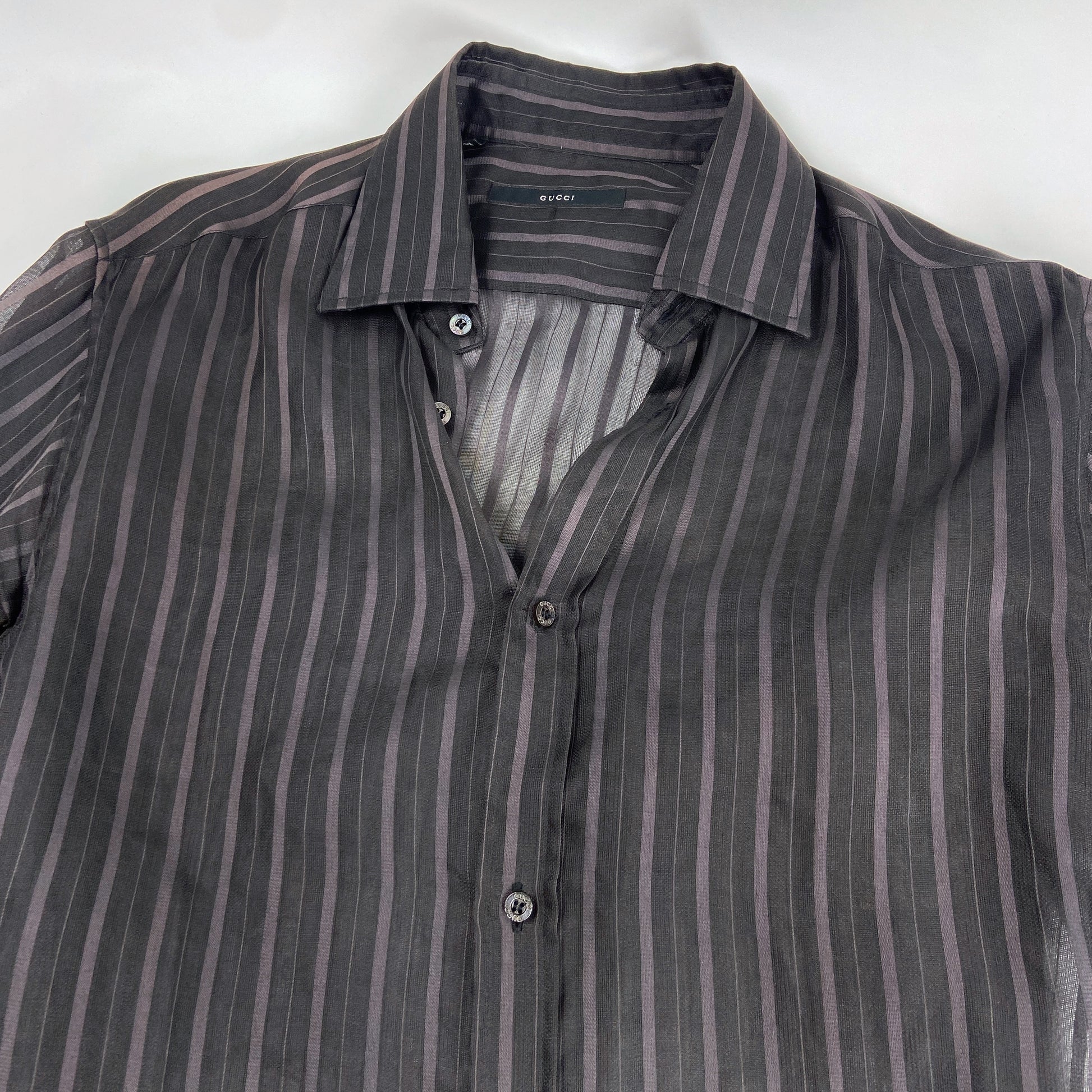 Gucci Spring 2003 Tom Ford Striped Sheer Silk Button Dress Shirt Dusty Archive Gucci Spring 2003 Tom Ford Striped Sheer Silk Button Dress Shirt Dusty Archive