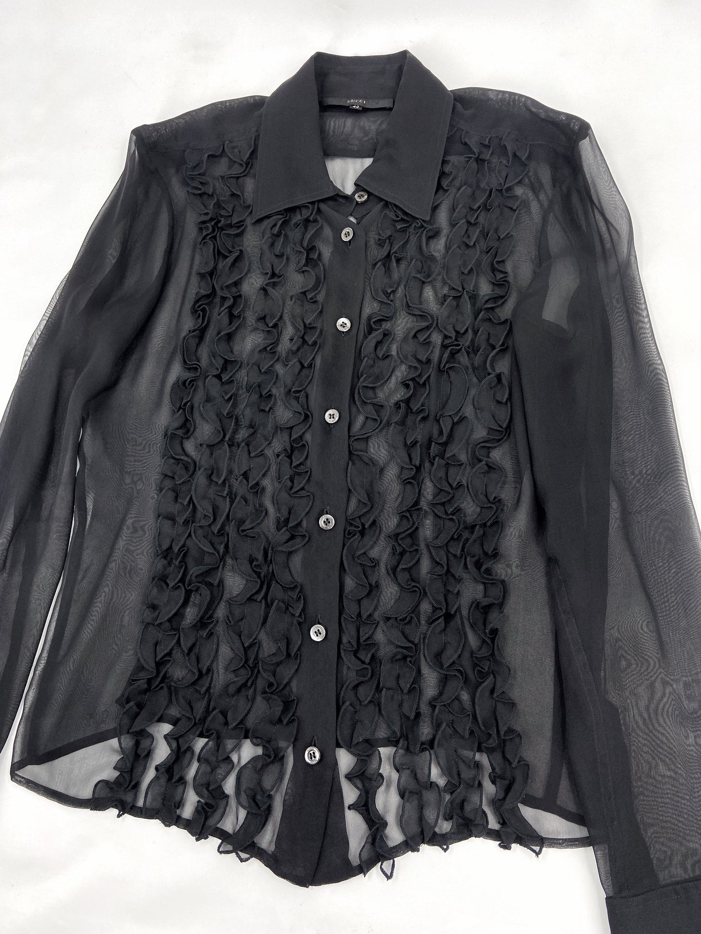 Gucci Spring 1999 Tom Ford Daisey Fuentes Ruffled Silk Sheer Dress Shirt 40