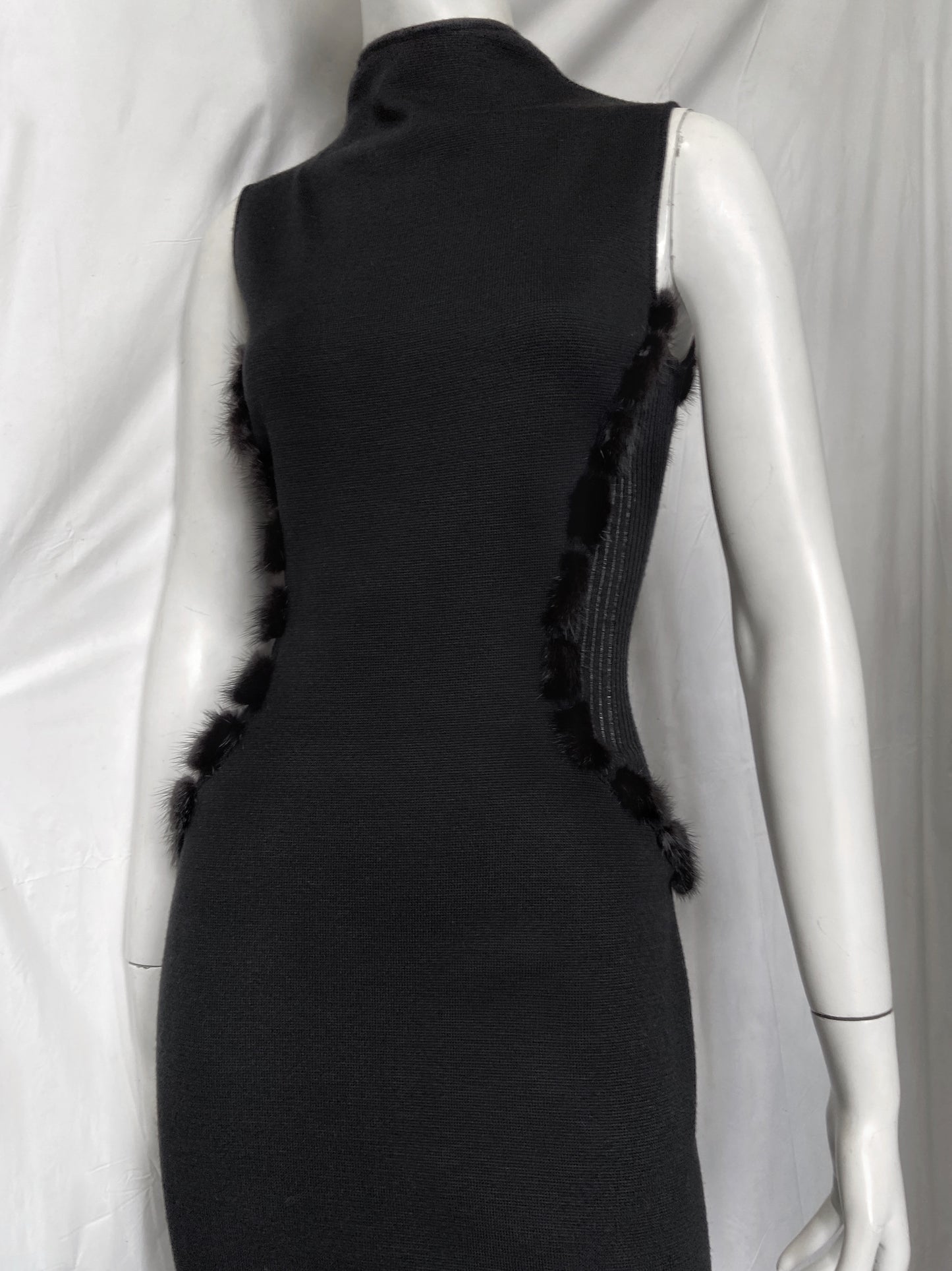 Gianni Versace Fall 1999 Donatella Mink Fur Trim Wool Stretch Dress 38