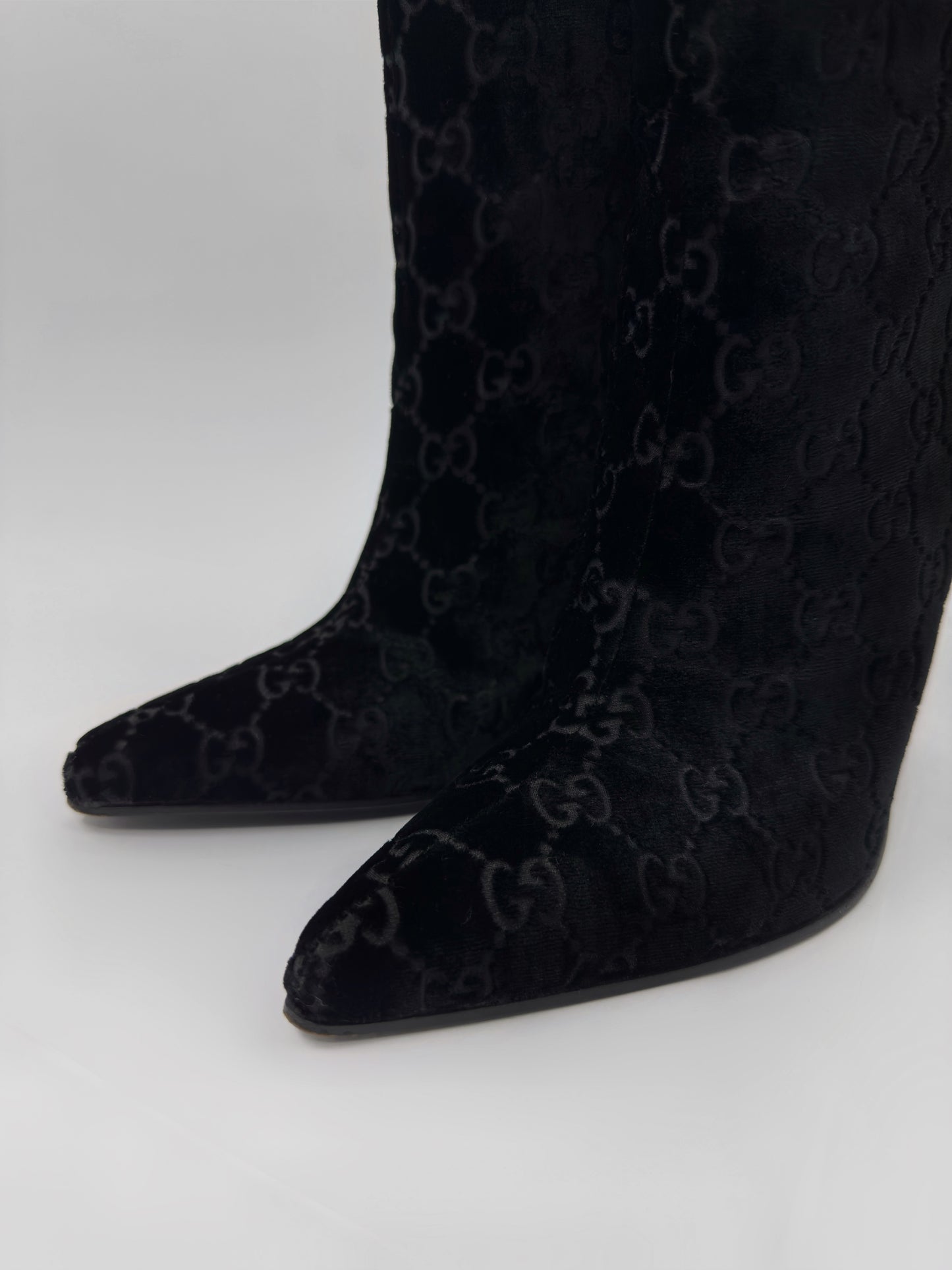 Gucci Fall 1997 Tom Ford Dark Navy Guccisima Monogram Velvet Metal Heel Tall Boots 36