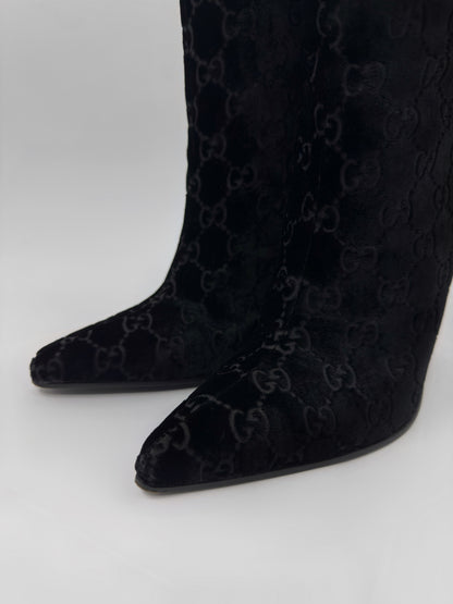 Gucci Fall 1997 Tom Ford Dark Navy Guccisima Monogram Velvet Metal Heel Tall Boots 36