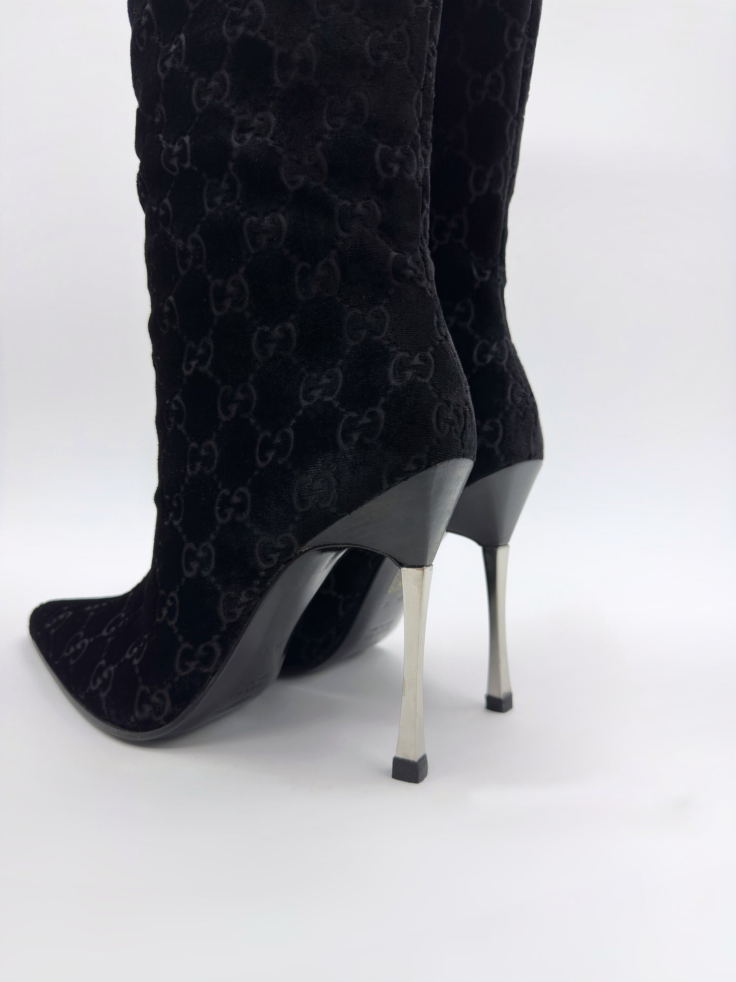 Gucci Fall 1997 Tom Ford Dark Navy Guccisima Monogram Velvet Metal Heel Tall Boots 36