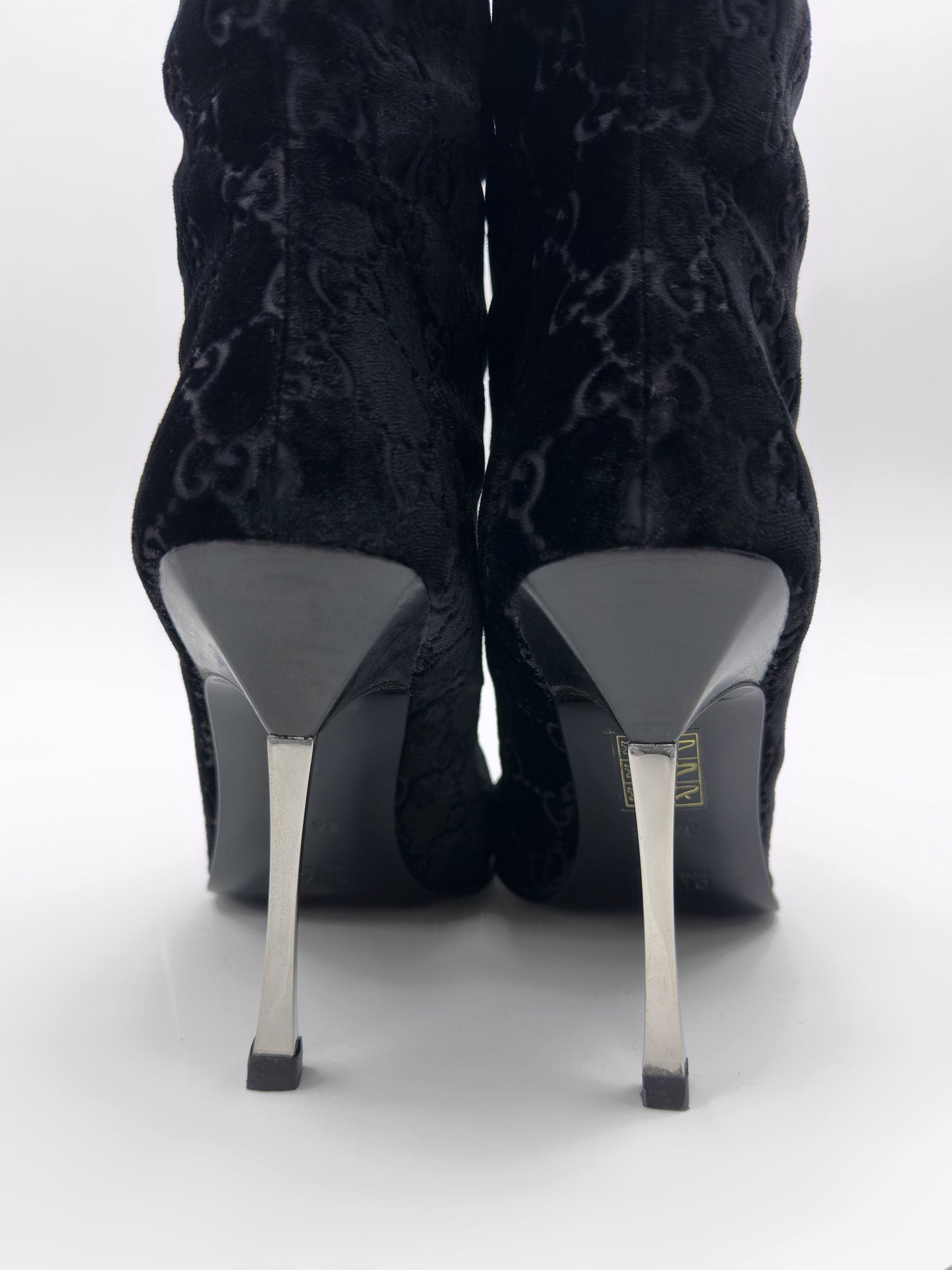 Gucci Fall 1997 Tom Ford Dark Navy Guccisima Monogram Velvet Metal Heel Tall Boots 36