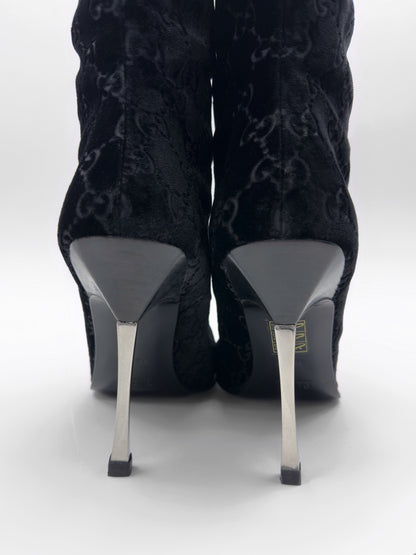 Gucci Fall 1997 Tom Ford Dark Navy Guccisima Monogram Velvet Metal Heel Tall Boots 36