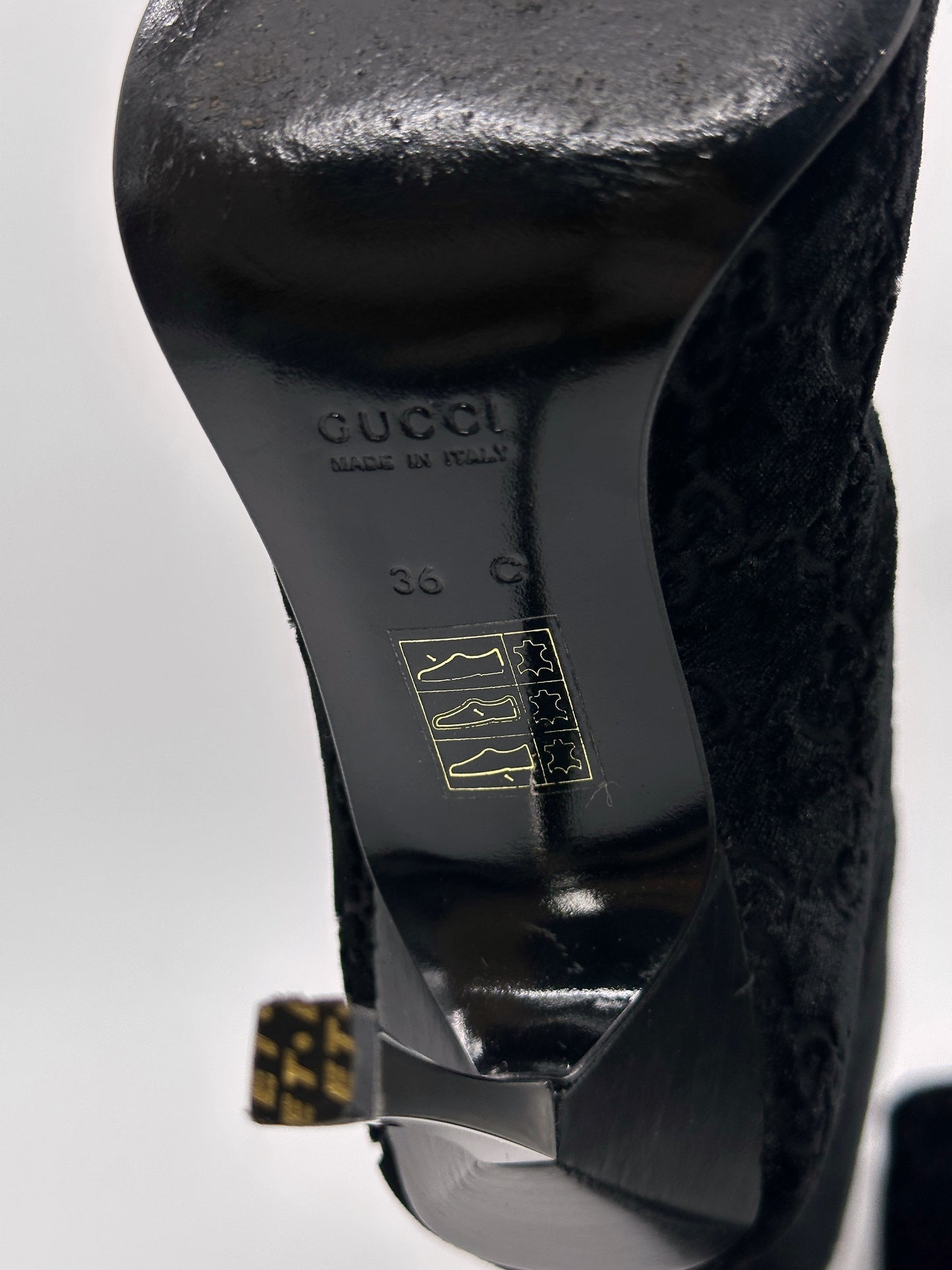 Gucci Fall 1997 Tom Ford Dark Navy Guccisima Monogram Velvet Metal Heel Tall Boots 36