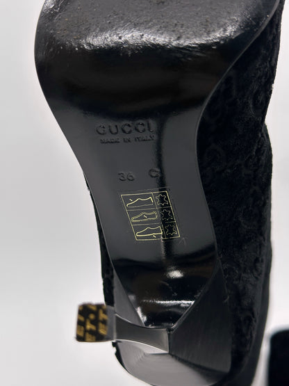 Gucci Fall 1997 Tom Ford Dark Navy Guccisima Monogram Velvet Metal Heel Tall Boots 36