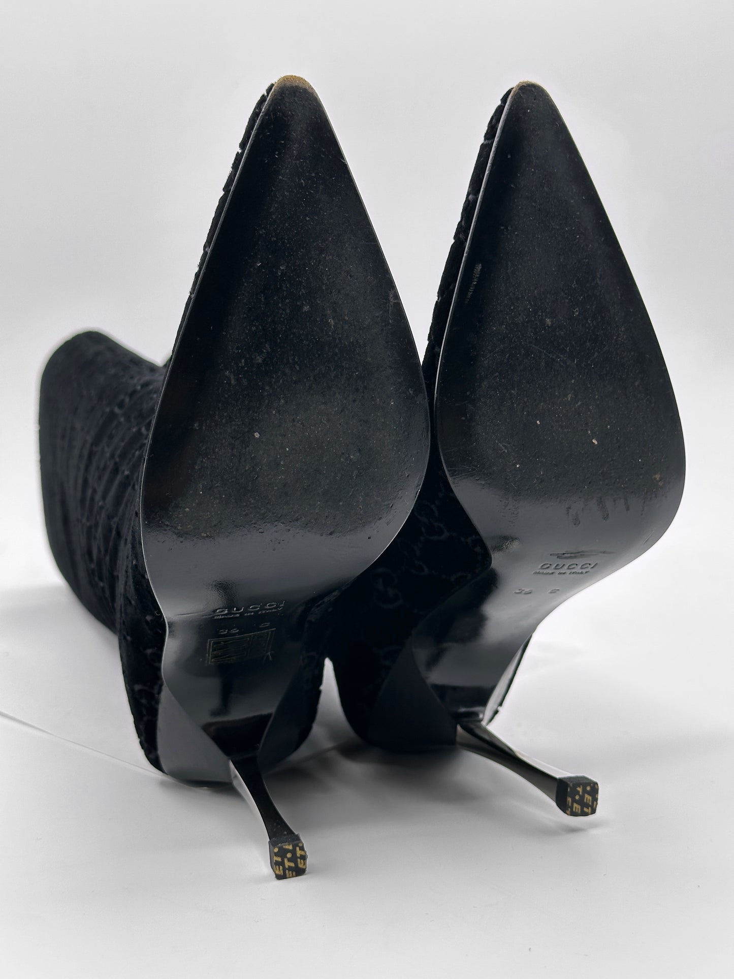 Gucci Fall 1997 Tom Ford Dark Navy Guccisima Monogram Velvet Metal Heel Tall Boots 36