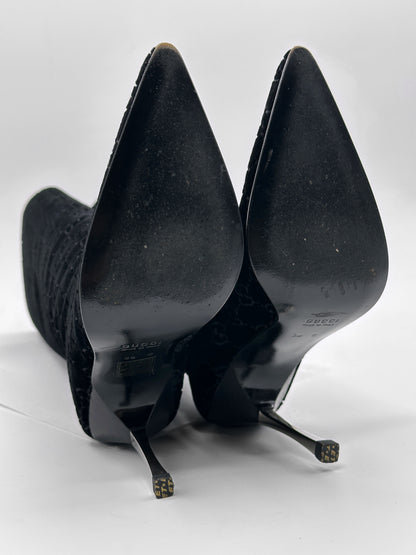 Gucci Fall 1997 Tom Ford Dark Navy Guccisima Monogram Velvet Metal Heel Tall Boots 36