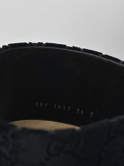 Gucci Fall 1997 Tom Ford Dark Navy Guccisima Monogram Velvet Metal Heel Tall Boots 36