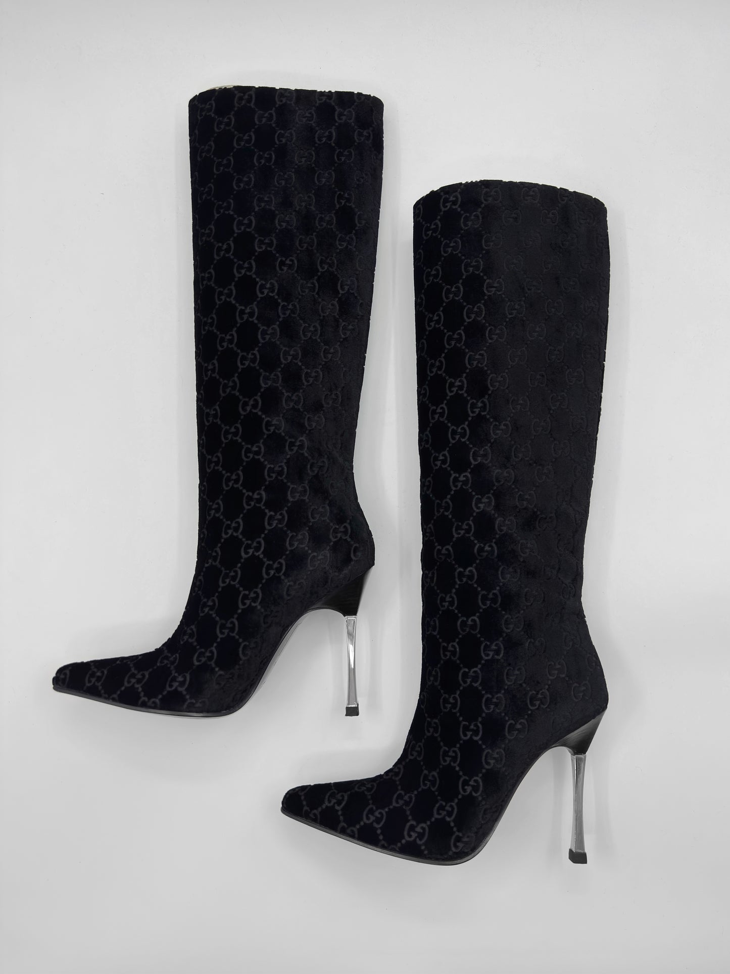 Gucci Fall 1997 Tom Ford Dark Navy Guccisima Monogram Velvet Metal Heel Tall Boots 36