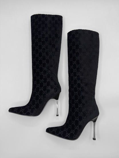 Gucci Fall 1997 Tom Ford Dark Navy Guccisima Monogram Velvet Metal Heel Tall Boots 36