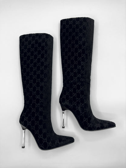 Gucci Fall 1997 Tom Ford Dark Navy Guccisima Monogram Velvet Metal Heel Tall Boots 36