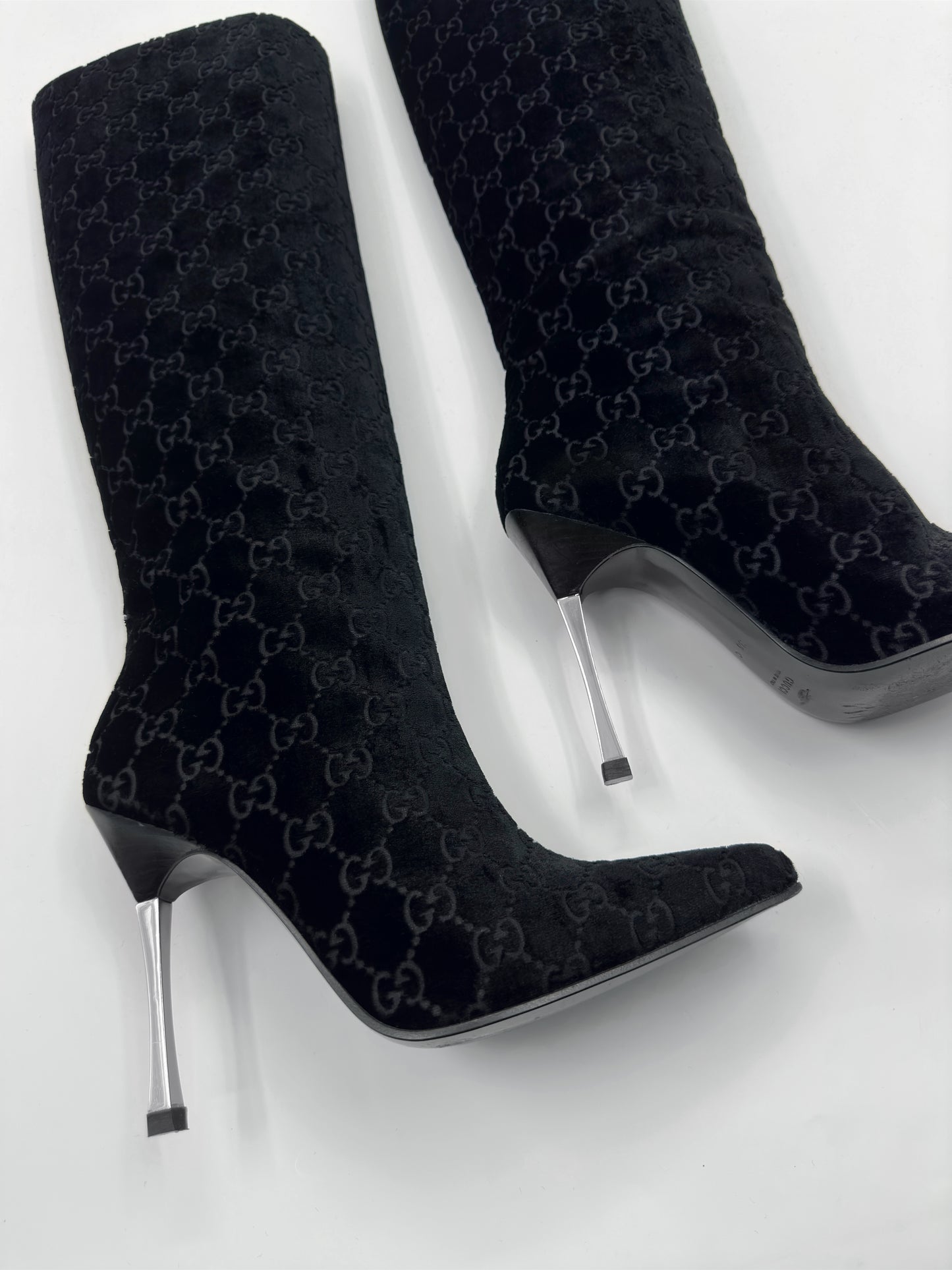 Gucci Fall 1997 Tom Ford Dark Navy Guccisima Monogram Velvet Metal Heel Tall Boots 36