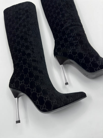 Gucci Fall 1997 Tom Ford Dark Navy Guccisima Monogram Velvet Metal Heel Tall Boots 36