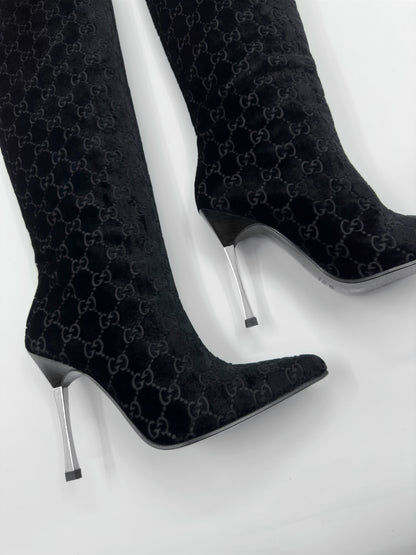 Gucci Fall 1997 Tom Ford Dark Navy Guccisima Monogram Velvet Metal Heel Tall Boots 36
