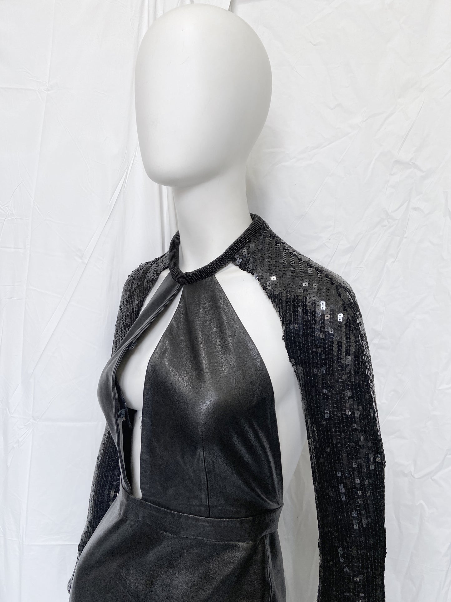 Saint Laurent Paris 2013 Hedi Beaded Collar Sequenced Sleeves Cut Out Backless Leather Dress