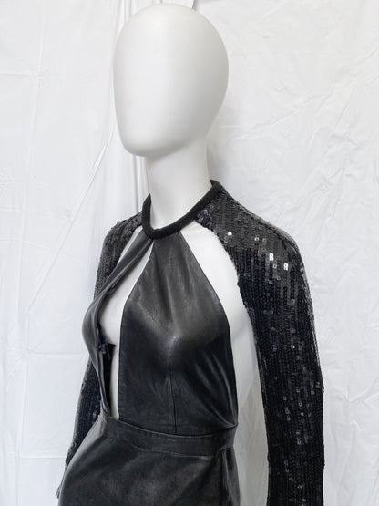 Saint Laurent Paris 2013 Hedi Beaded Collar Sequenced Sleeves Cut Out Backless Leather Dress