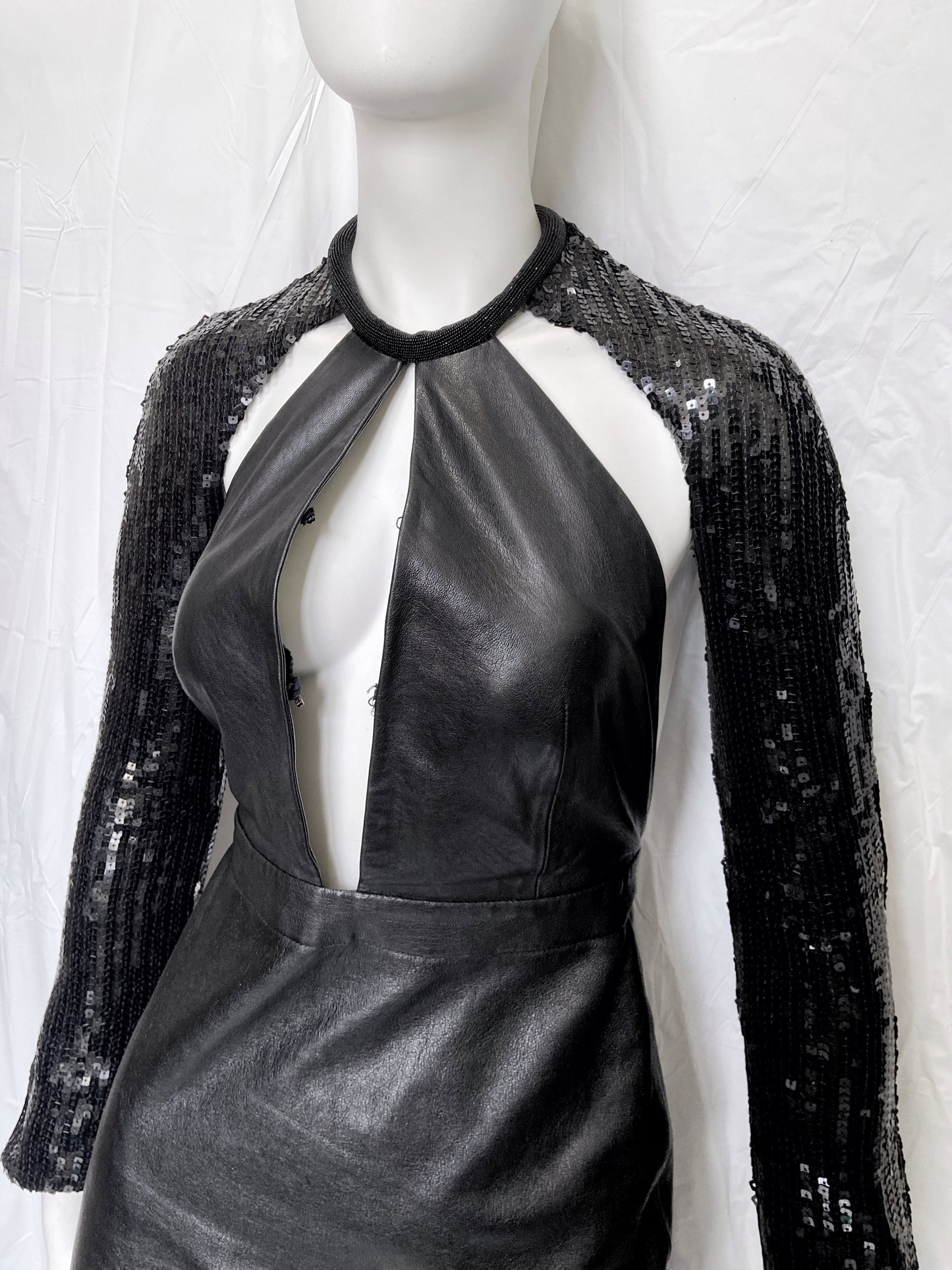 Saint Laurent Paris 2013 Hedi Beaded Collar Sequenced Sleeves Cut Out Backless Leather Dress