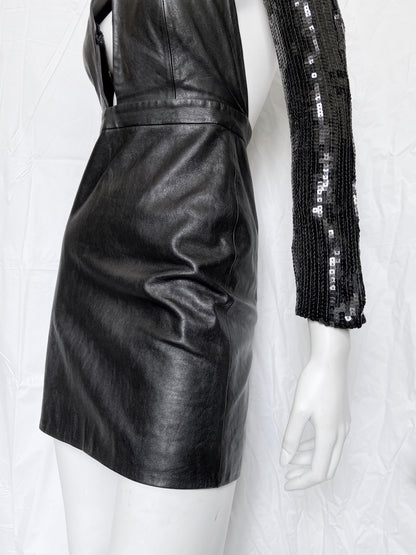 Saint Laurent Paris 2013 Hedi Beaded Collar Sequenced Sleeves Cut Out Backless Leather Dress