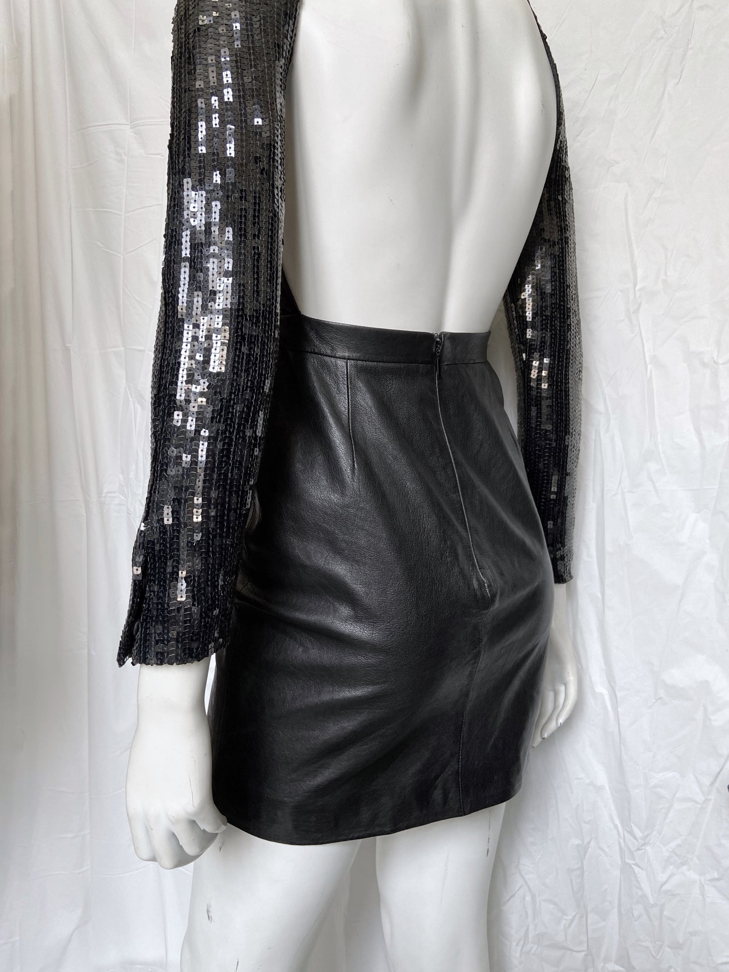 Saint Laurent Paris 2013 Hedi Beaded Collar Sequenced Sleeves Cut Out Backless Leather Dress