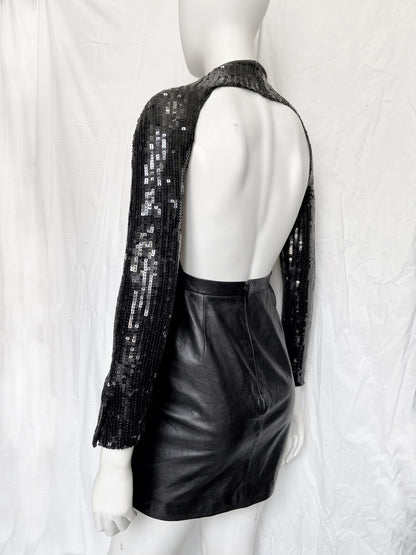 Saint Laurent Paris 2013 Hedi Beaded Collar Sequenced Sleeves Cut Out Backless Leather Dress