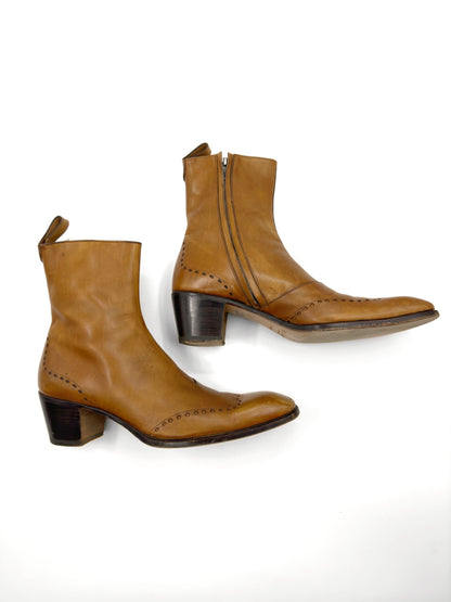 Yves Saint Laurent Rive Gauche Tom Ford Spring 2004 Men’s First Edition 65mm “Jonny” Brown Leather Wingtip Cuban Heeled Boots 44