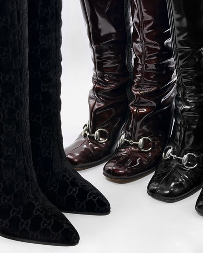 Gucci Fall 1997 Tom Ford Dark Navy Guccisima Monogram Velvet Metal Heel Tall Boots 36