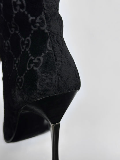Gucci Fall 1997 Tom Ford Dark Navy Guccisima Monogram Velvet Metal Heel Tall Boots 36