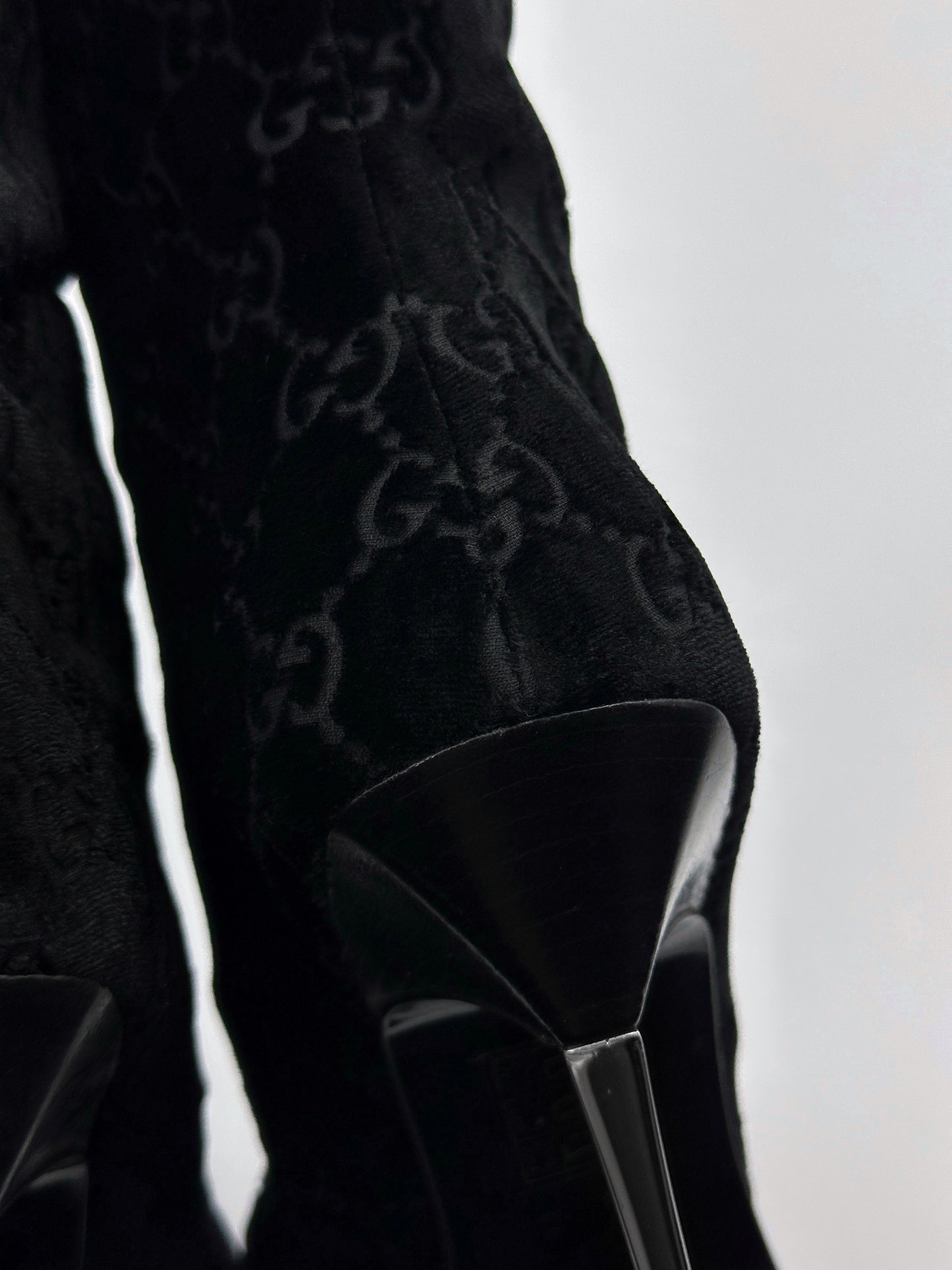 Gucci Fall 1997 Tom Ford Dark Navy Guccisima Monogram Velvet Metal Heel Tall Boots 36