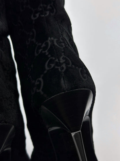 Gucci Fall 1997 Tom Ford Dark Navy Guccisima Monogram Velvet Metal Heel Tall Boots 36